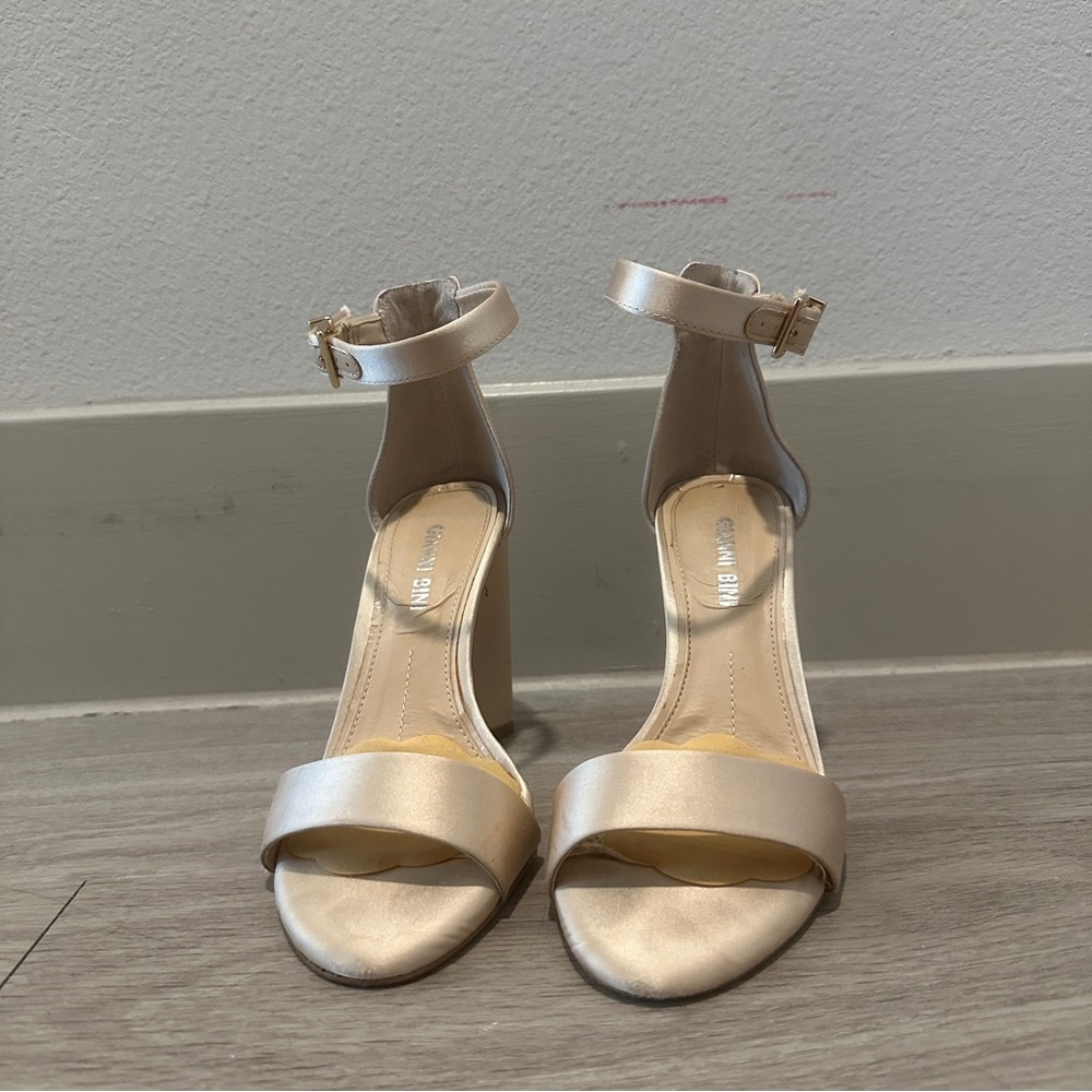 Gianni Bini Satin Ankle-Strap Block Heels - Champagne